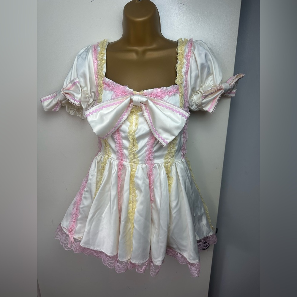 Sugar Thrillz X Dolls Kill Pink Yellow Lace‎ Bows Croquette Babydoll Dress NWT S